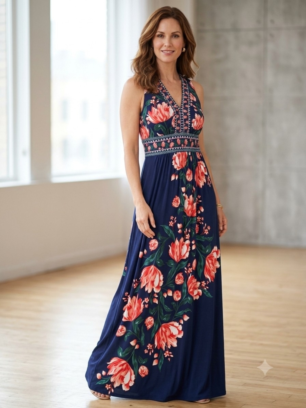 London Times Navy Maxi Dress with Coral Floral Print